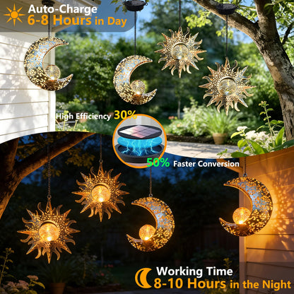 QCF Solar Hanging Sun and Moon Lights Garden Outside Decor,2 Pack Metal Lanterns Outdoor Sunflower Art Decorations for Porch Backyard Patio Wall Tree,Unique Gardening Gifts for Women Mom Grandma