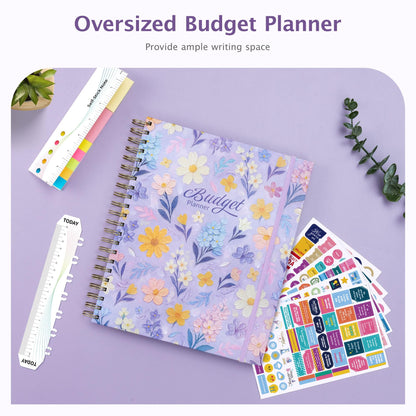 Ospelelf Budget Planner Undated, Money Expense Tracker with Pocket & Stickers, Thick Cardboard Cover, Large Pages for Spacious Writing, Original Fun Colorful Design, 12 Month Financial Notebook, Purple Floral