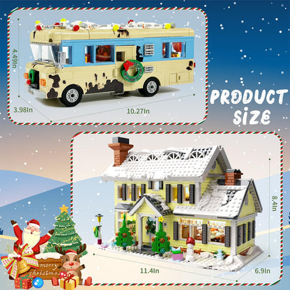 Snow Village & RV Building Set with LED Lights, 2 in 1 Christmas Vacation Holiday House and RV Gift (1726PCS)