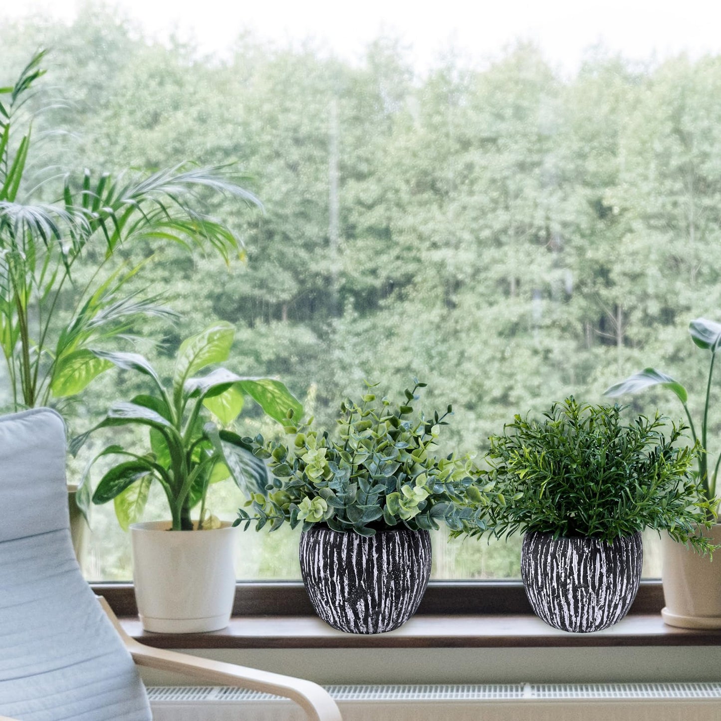 Winlyn Set of 3 Artificial Potted Plants Faux Eucalyptus Rosemary Boxwood Greenery in Black & White Concrete Pots Small Fake Plant for Indoor Outdoor Home Office Table Shelf Windowsill Greens Décor
