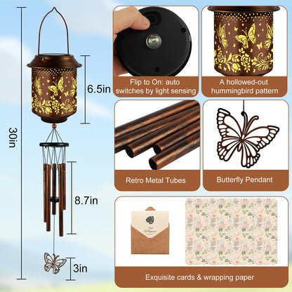 GLDFI Solar Lanterns with Wind Chimes - Garden Decor Set Includes Greeting Card & Gift Wrap Paper, Patio Yard Birthday Gifts for Women, Solar Lanterns Outdoor Waterproof (Butterfly)