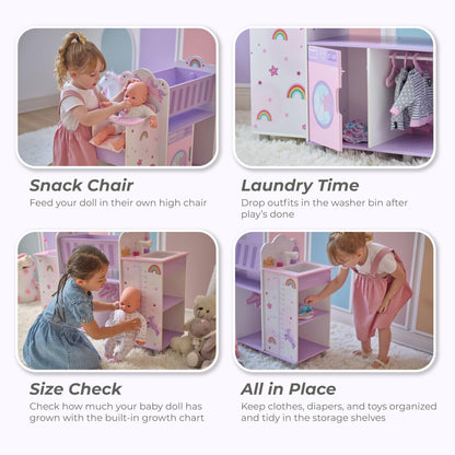 Olivia’s Little World Fantasy Care Doll Nursery 6-in-1 Unicorn Themed Baby Station with Cradle, Washer, High Chair, Sink & Closet with 3 Wooden Hangers for Pretend Play, for Girls Ages 3 and Up