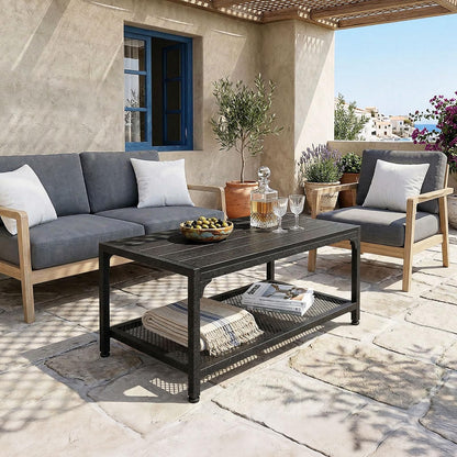 ODK Outdoor Coffee Table with Double-Layer Storage, Rectangle Weather-Resistant Patio Coffee Table for Garden, Balcony, Hot Tub, Poolside, Heavy-Duty Metal Frame, Black