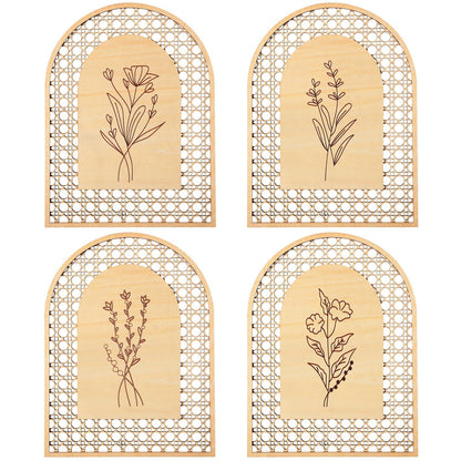 Wesiti 4 Pcs Rattan Wooden Boho Wall Decor Floral Natural Room Wall Art Aesthetic Nursery Farmhouse Hanging Decor for Bedroom Living Room Office