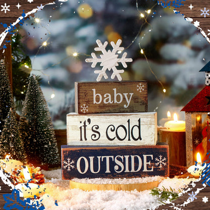 Moucuny 4 Pcs Winter Wooden Tabletop Decor Snowflake Tiered Tray Decor Winter Centerpiece Rustic Snow Block Signs Farmhouse Table Shelf Decoration for Home Office Party