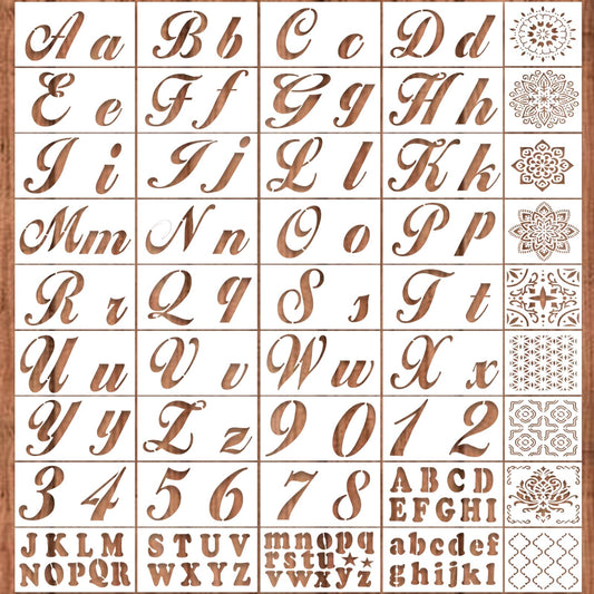 Large Alphabet Mandala Stencils – 2 & 4 Inch Reusable Upper & Lowercase Letters, Numbers, 45PCS Templates for Calligraphy, DIY Painting, Journals, Wood & Fabric Art