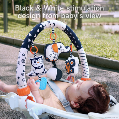 TUMAMA Car Seat Toys for Babies 0-6 Months, Stroller Toys for Infant 0-6 Months, Newborn Sensory Hanging Rattle Arch Toy with Butterfly Elephant Owls,Musical Toy for Baby 6-12 Months