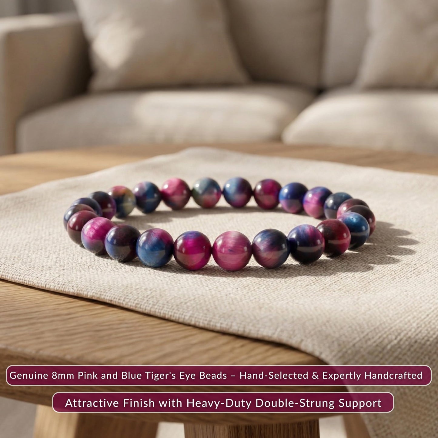 Cherry Tree Collection Pink and Blue Tiger's Eye Beaded Bracelet – Genuine 8mm Gemstone Stretch Bracelet for Men & Women – Handmade Crystal Bracelet - (Pink and Blue Tiger's Eye - M)