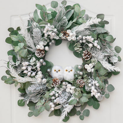 Winter Wreath for Front Door, 24 Inch Christmas Wreath with Owl Decor, Pine Cones, and Evergreen Greenery, Festive Winter Door Decor, Artificial Holiday Farmhouse Rustic Wreath