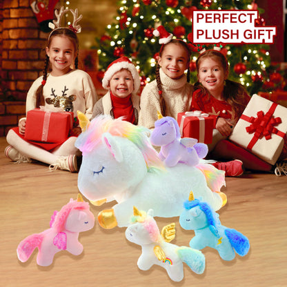 YUNCOL Unicorn Stuffed Animal,Cute Unicorn Mommy Stuffed Animal with 4 Baby Unicorns Plush in Tummy,Kawaii Unicorn Plush Toy Gift for Kids Girls Boys