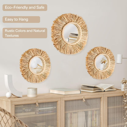 Gulfmew 3 Pcs Boho Raffia Mirror Wall Hanging Decor 15.8 Inch 11.8 Inch Rustic Round Boho Circle Mirrors with Wood Bead Farmhouse Aesthetic Nursery Mirrors for Bedroom Living Room Bathroom Wall Decor