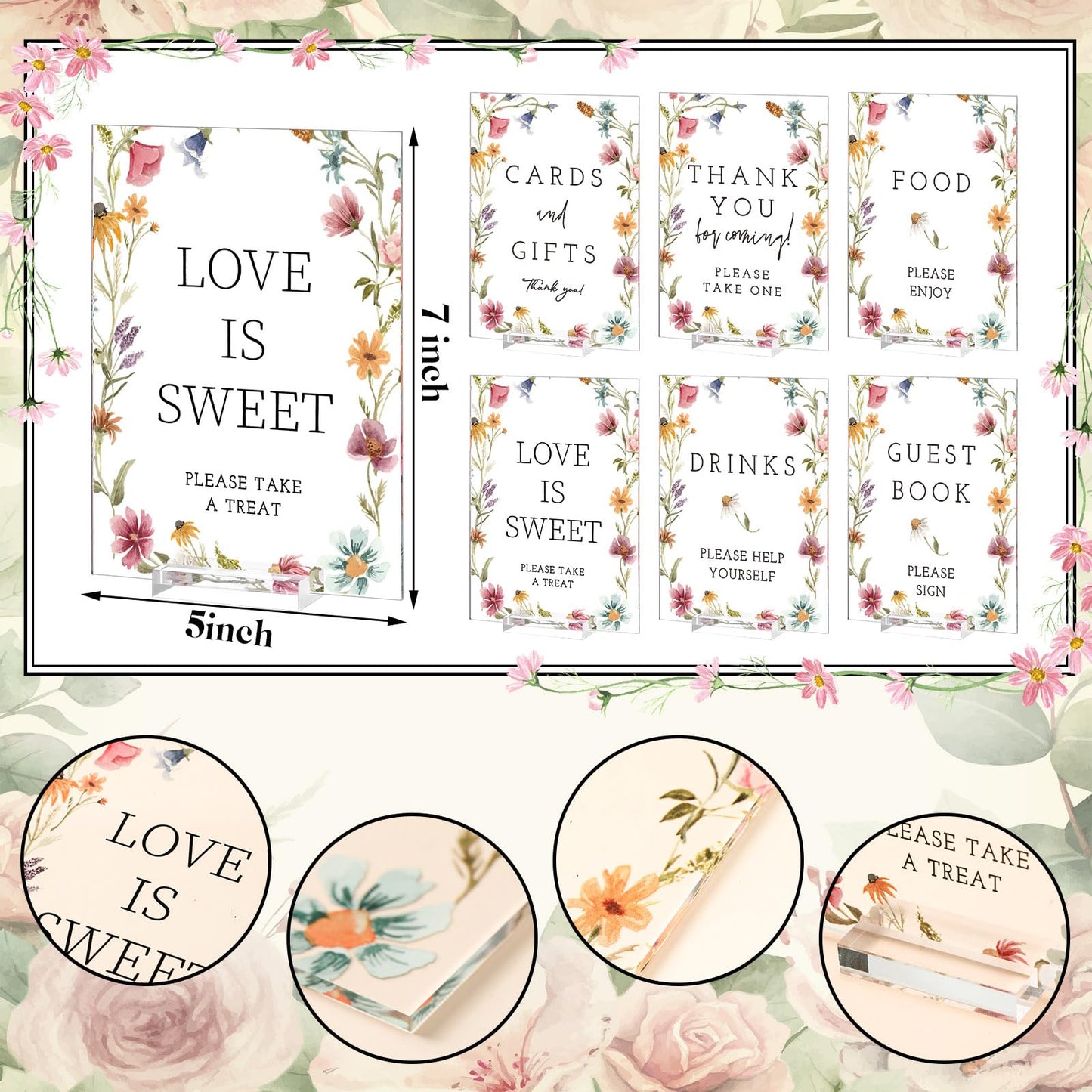 Vercraft 6 Pcs Wildflowers Wedding Table Decorations Take One Sign Thank You Acrylic Sign Centerpieces with Stand 5 x 7" Wedding Birthday Party Decorations for Guests Gifts