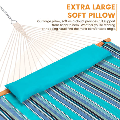 Lazy Daze Hammocks 2 Person Portable Hammock with 12FT Stand, Double Hand Woven Cotton Rope Hammock with Detachable Quilted Pad & Pillow for Outside, 450lb Capacity, Blue Stripes