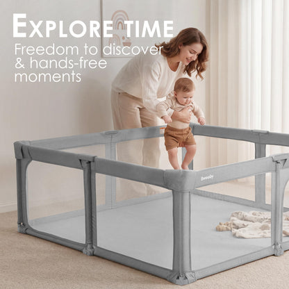 Sweeby Baby Playpen, 59x59 Inch Baby Gate Foldable Playpens for Babies and Toddlers, Extra Large Playpen with Door Play Yard for Kids Fence Indoor and Outdoor Play Pen, Gray