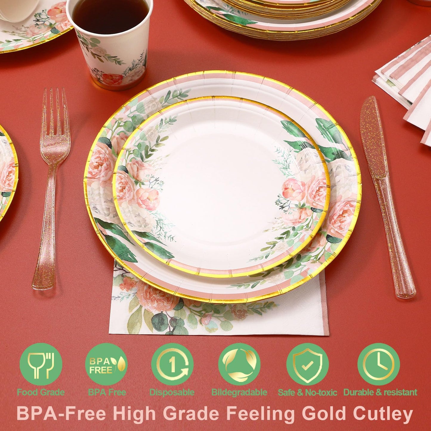 Floral Party Supplies - Bridal Shower Paper Plates & Napkins Set for 24 Guests - Disposable Dinnerware: Plates, Cups, Cutlery for Baby Shower, Tea Party