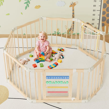 Atoping Wooden Baby Playpen 50 × 50 Inches, Foldable Playpen Fence with Cute Digital Blocks & Storage Bag, Wooden Baby Gate, Multi-Shape Play Yard for Babies and Toddlers Indoor Outdoor