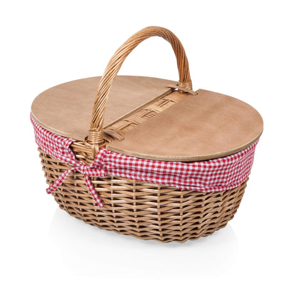 PICNIC TIME Country Picnic Basket, Sturdy Woven Wicker Basket with Customizable Split-lid Design and Removable and Washable Polycotton Vintage-Style Liner, (Red & White Gingham Pattern)