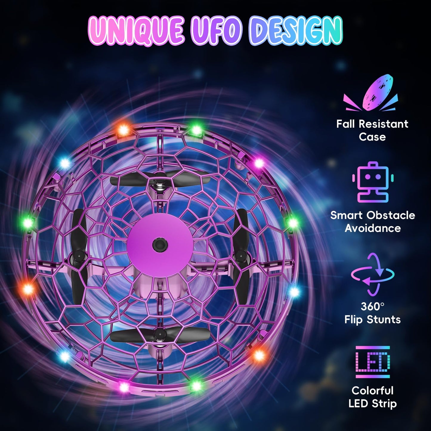 TSM005 Mini Drone for Kids,Hand Operated UFO Toy,Flip Stunt Hover Toy with LED,Easy Indoor Outdoor Flying Toys,Rechargeable UFO Drone for Kids 6-8-12,Cool Christmas Birthday Gifts for Boys Girls (Purple)