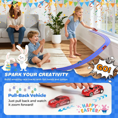 DKOXT 15 Ft Flexible Race Track for Kids, DIY Car Track Set with 2 Toy Cars & 3 Suction Cup Ramps, Easter Basket Stuffers for Teens & Boys Girls, Creative Easter Gifts for Kids, Blue & Red