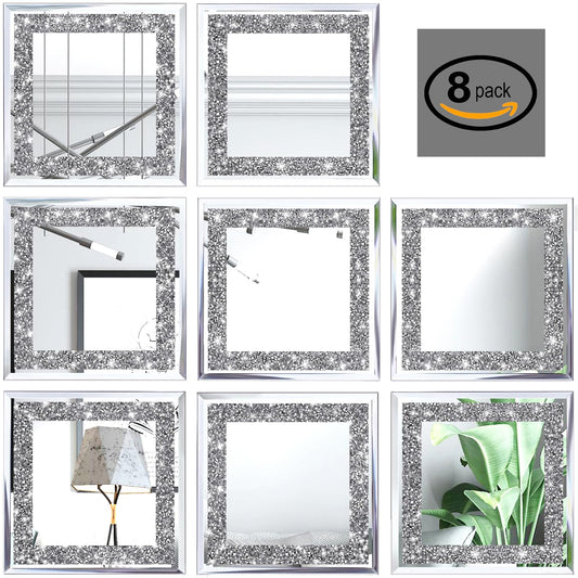 XIHACTY Crush Diamond Mirrors Wall Decor 6inch Mirror Tiles for Crafts, 8 Pack Square Silver Diamond Glass Mirrors for Home Wall Decor, Mosaics DIY.