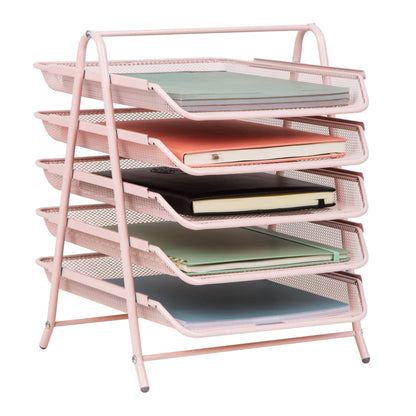 Mind Reader 5-Tier Paper Tray Organizer, Vertical Desktop File Storage Rack, Office, Metal Mesh, Pink