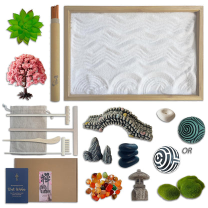 Threeheng Mini Japanese Zen Sand Garden Kit for Desk, Muti-Functional Sand Tray Therapy Kit with Bamboo Tray - Includes Ball Insense Holder Crystals and More for Meditation, Gifts (Bamboo)