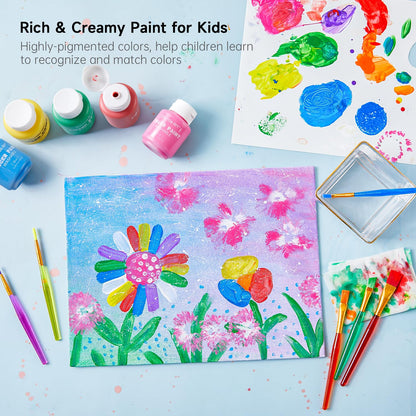 Shuttle Art Washable Finger Paint Set, 37 PCS with 10 Colors (2 fl oz) Non-Toxic Toddler Paint, Paint Brushes, Sponge, Smock, Toddler Art Supplies