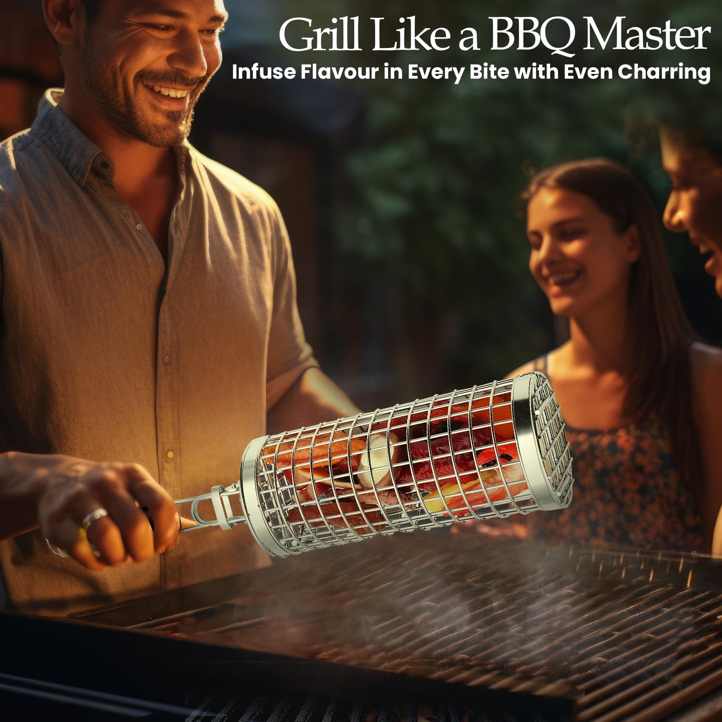 Grill Well 2.0 - Rolling Grill Basket (2 PCs) ideal as Birthday Gift for Dad who has Everything, BBQ Vegetables Grill Baskets, Outdoor Cooking Gadgets, Mens Gifts Ideas, BBQ Smoker Accessories & More