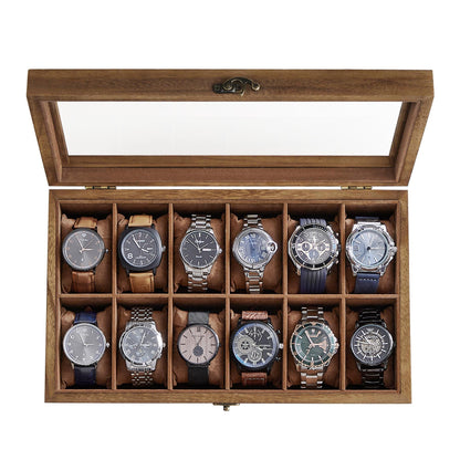 SONGMICS 12-Slot Watch Box, Watch Display Case with Large Glass Lid, Removable Watch Pillows, Velvet Lining, Gift Idea, Rustic Walnut UJOW120K01