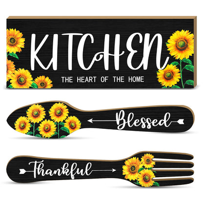 Yerliker 3 Pieces Sunflower Kitchen Decor Hello Summer Blessed Thankful Wooden Hanging Eat Signs Fork and Spoon Summer Farmhouse Wall Art Decor for Kitchen Home (Black, 13.78 x 5.12 Inch)