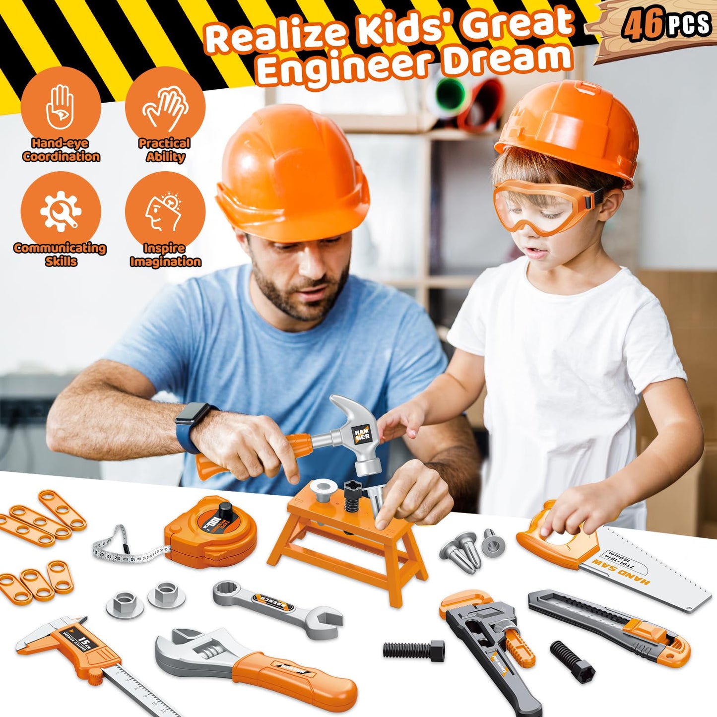 OCHIDO 46PCS Kids Tool Set with Portable Tool Box & Electronic Toy Drill, Toddler Tool Set,Tool Play Toys Construction Tools for Kids, Christmas & Birthday Gifts for Boys Ages 3 4 5 6