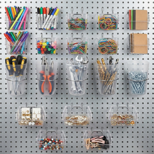 IMengjbang 20 PCS Pegboard Cups Bins Set with Hooks & Loops, Pegboard Wall Organizer Assortment Organizer Accessory for Garage Craft Workshop Workbench Hobby Office(Transparent)
