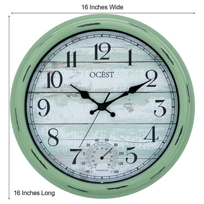 OCEST 16 Inch Indoor Outdoor Clock, Waterproof Large Wall Clock with Thermometer, Silent Non-Ticking Battery Operated Decor for Patio Pool Porch Garden Garage（Retro Green）