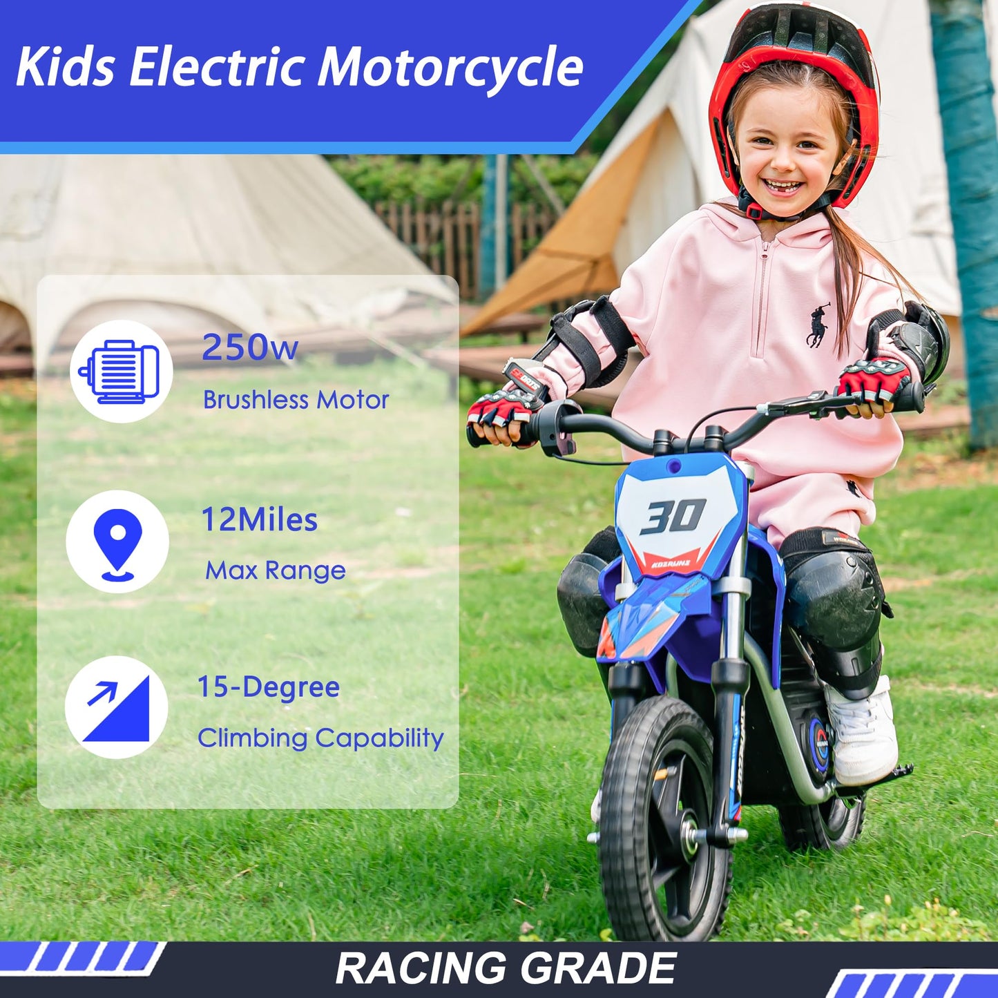 OLALA 36V Electric Dirt Bike for Kids 3-6, 250W Brushless Motor with 3-Speed Control, 15.5 MPH Max Speed, 12" Off-Road Tires Motorcycle, for Boys & Girls, Blue