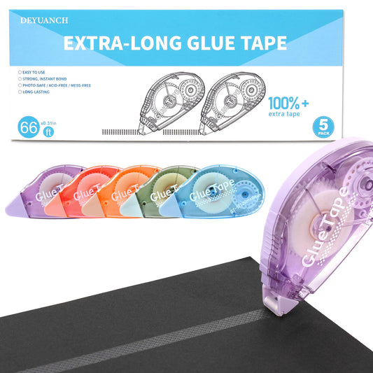 DEYUANCH 65.62 ft Extra-Long Glue Tape, 0.31 in Wide Scrapbook Tape, 5-Pack, Photo-Safe Acid-Free Double Sided Tape for Crafts, Scrapbook and Junk Journal Supplies (Multicolor)
