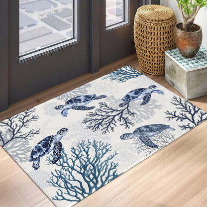 Wnoesat Summer Coastal Outdoor Door Mat 2x3 Nautical Coral Sea Turtle Entryway Area Rug Navy Blue Beach Theme Small Low Pile Front Doormat Washable Throw Rugs for Living Room Bedroom Kitchen