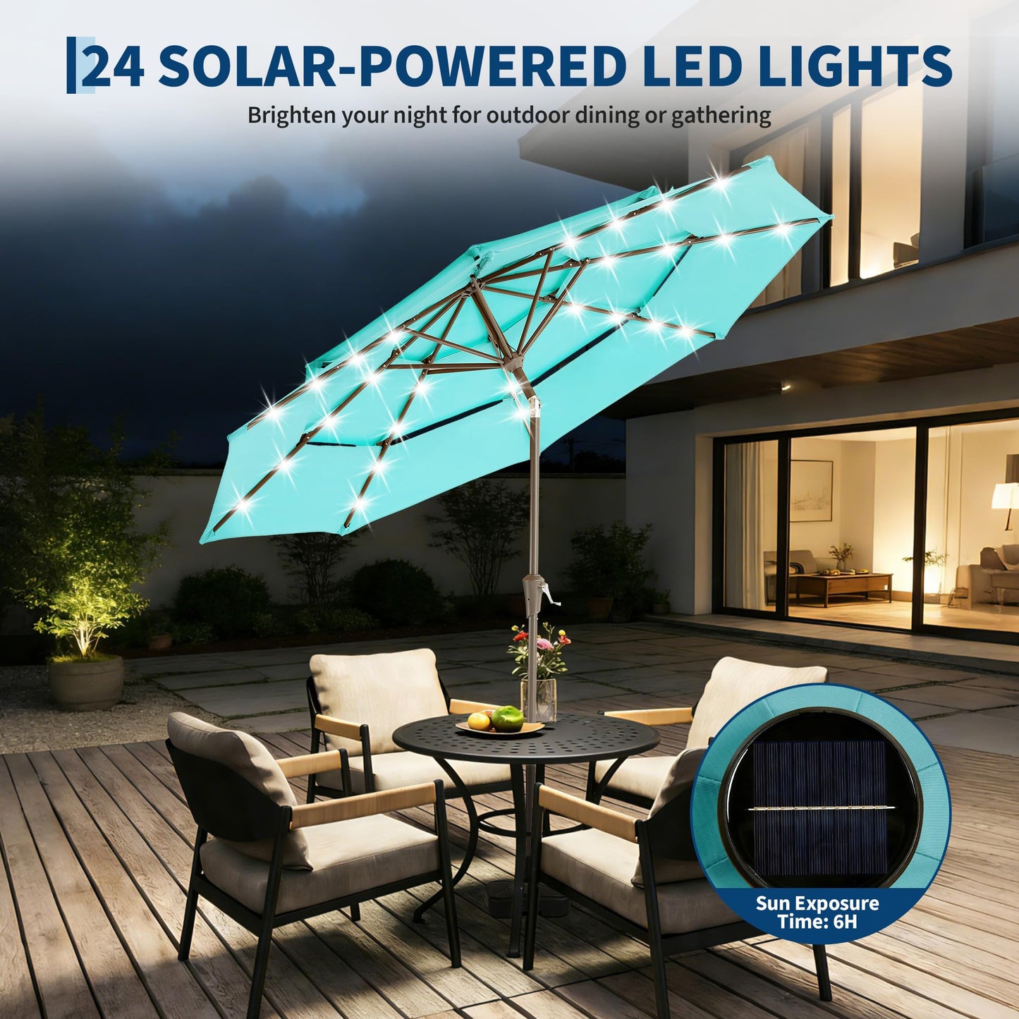 JoanKaren 3 Tier Patio Umbrella with Light, 9ft Outdoor Patio Umbrella with Vented Top, 24 LED Solar Lights, Easy Crank and Push Button Tilt, 8 Sturdy Ribs, for Pool, Deck, Yard, Garden, Light Blue