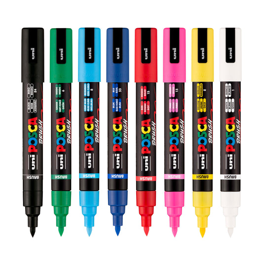 POSCA PC-5BR Water-Based Paint Markers, Reversible Brush Tip (1.0-4.0mm), Assorted Colors, 8 pack