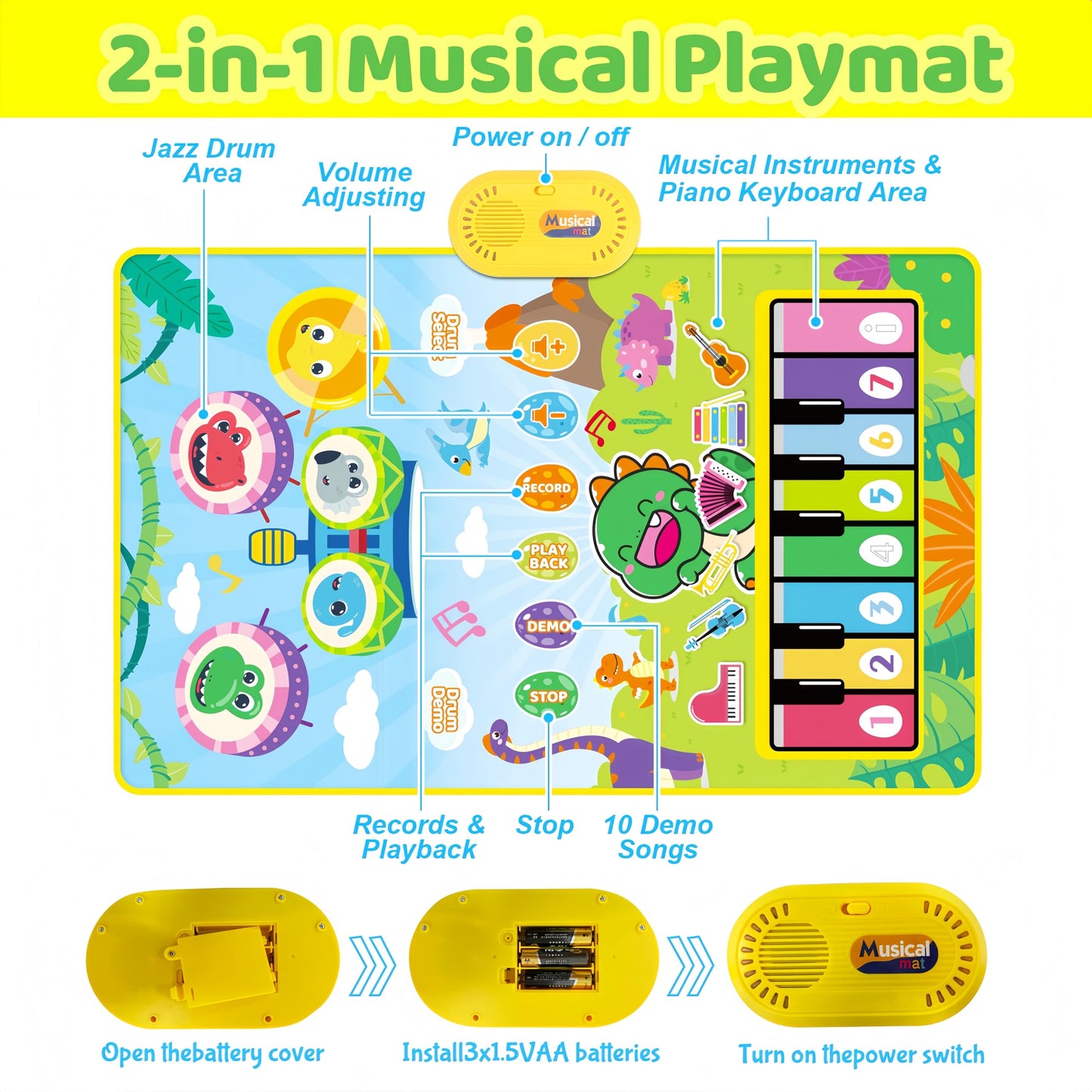 Baby Toys for 0-6 months, Dinosaur Musical Mat Montessori Sensor Toys 1 Year Old, Sensory Early Educational Musical Learning Toys, Christmas Birthday Easter Gifts for 2 3 4 Year Old Toddler Boys Girls