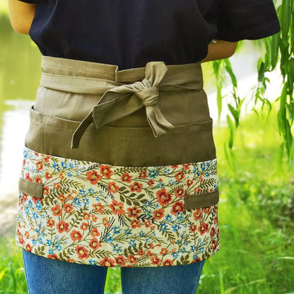 MILCIL Women's Floral Waist Apron, Gardening & Kitchen Apron, Half Cute, Peach Blossom, 8 Pockets, One Size Fits All