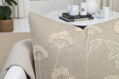 Rudransha Hand Embroidered Wildflower Throw Pillow Cover - 20x20 Inch Natural Linen - Blooming