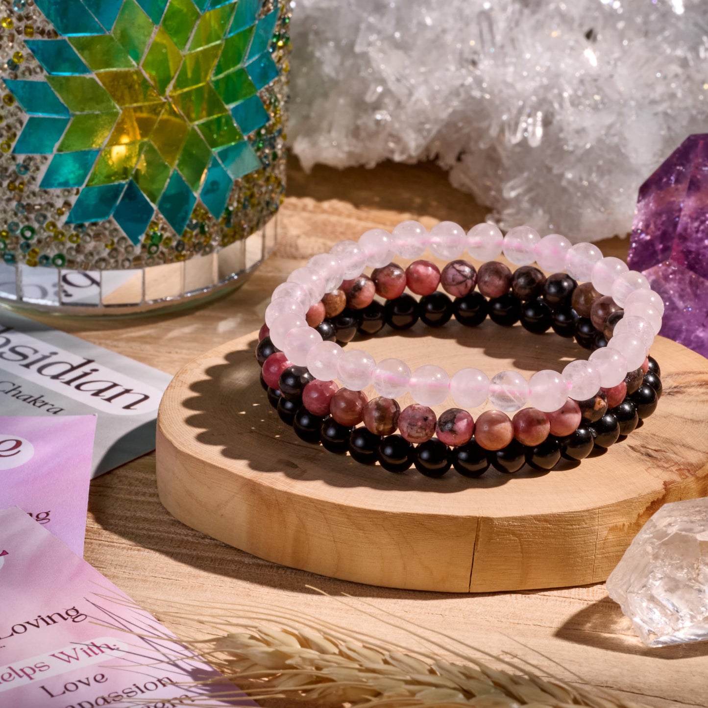 Bivei 3-Piece 8mm Beaded Bracelets for Women – Rhodonite, Rose Quartz, Black Obsidian – Handmade Natural Crystal Stretch Elastic Jewelry for Meditation, Yoga, Protection Gifts