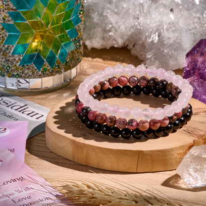 Bivei 3-Piece 8mm Beaded Bracelets for Women – Rhodonite, Rose Quartz, Black Obsidian – Handmade Natural Crystal Stretch Elastic Jewelry for Meditation, Yoga, Protection Gifts