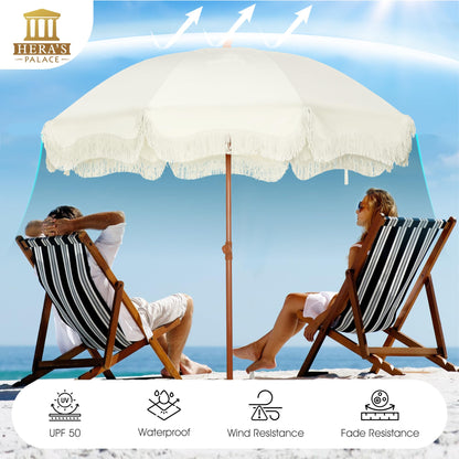 HERA'S PALACE 7 ft Heavy Duty Beach Umbrella with Sand Anchor, Fringe Umbrella for Sand, UV 50+, Patio Umbrella with Tilt Pole for Garden Pool Backyard