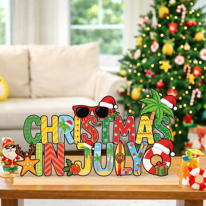 Roowest Metal Christmas in July Sign Tabletop Decor Summer Christmas Table Centerpiece Tropical Tiered Tray Decoration with Wooden Base for Home Office Desk Shelf Mantel Beach Party Gift