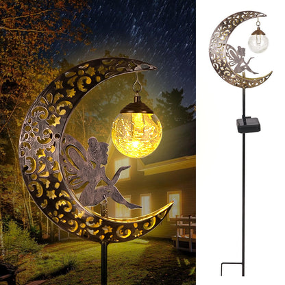 Solar Garden Lights Outdoor Decor,Moon Fairy Crackle Glass Lights,Waterproof Warm White LED Metal Stake Ornament,for Walkway Backyard Patio Lawn Pathway Decorations-Unique Gift Ideas for Gardening