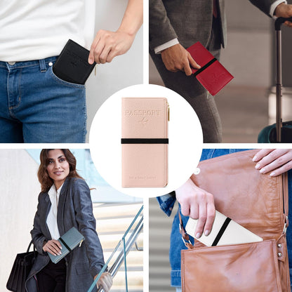 Dannir Travel Passport Wallet, RFID Blocking Passport Holder with Zipper, Passport Cover for Women Men, PU Leather Travel Document Organizer with Card Slots, Gift for Family Friends, Pink