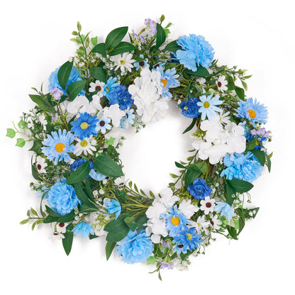 GENMOUS 24 Inch Summer Spring Blue Daisy Wreath for Front Door, Rustic and Farmhouse Flower Wreath with Myosotis sylvatica, Indoor&Outdoor Wedding Wall Home Decor
