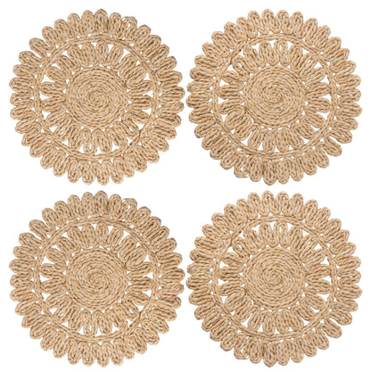 DELAQIKO 13.8" Round Corn Husk Placemats | Boho Woven Rattan Table Mats | Natural Spring Farmhouse Plate Chargers | Handmade Rustic Wicker Place Mats for Christmas Wedding (Set of 4)