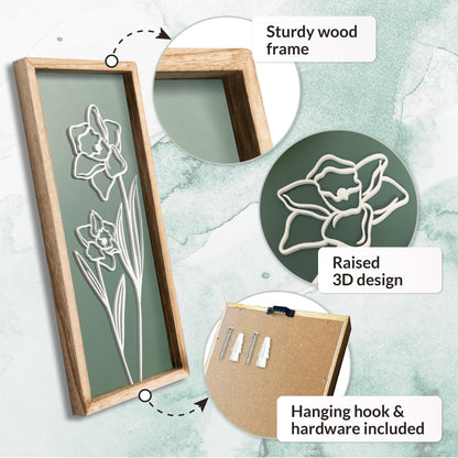3D Floral Green Wall Art (Set of 2) Lightweight, Wooden Ready-to-Hang Boho Framed Wall Art for Bathroom, Bedroom, Living Room or Office – Premium Sage Green Farmhouse Decor – Gift-Boxed